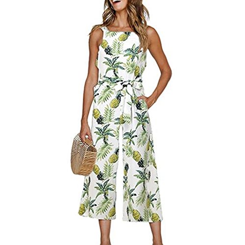 INIBUD Jumpsuits for Women Floral Waist Tie Wide Leg Cute Loose (Pineapple, L)