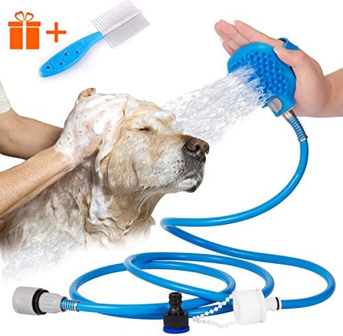Doommy Pet Bathing Tool,Pet Shower Sprayer for Dogs Cats and Small &amp; Medium Pets,Bathing Massage Combo with Grooming Brush and 2 Faucet Adapters, 7.5 ft Blue Hose for Indoor and Outdoor Using
