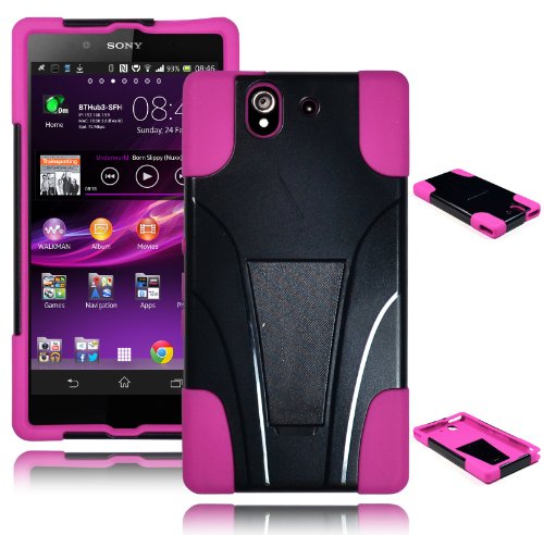 Bastex Heavy Duty Hybrid Case for Sony Xperia Z C6603 - Pink Silicone/Black T-Stand Kickstand Hard Shell