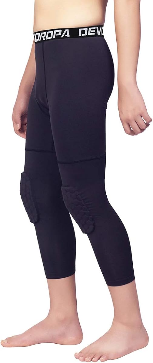 Devoropa Youth Boys Basketball Compression Pants with Knee Pads 3/4 Athletic Tights Quick Dry Sports Workout Leggings : Clothing