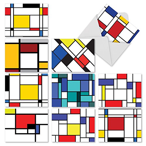 M3039 Cubism: 10 Assorted Blank All-Occasion Note Cards Are Graced with Bright Cubes of Primary Colors, w/White Envelopes.