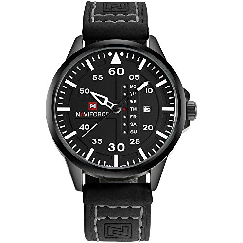 NAVIFORCE Original Genuine Leather Quartz Date Week Waterproof Sport Men's Wrist Watch 9074 Black White