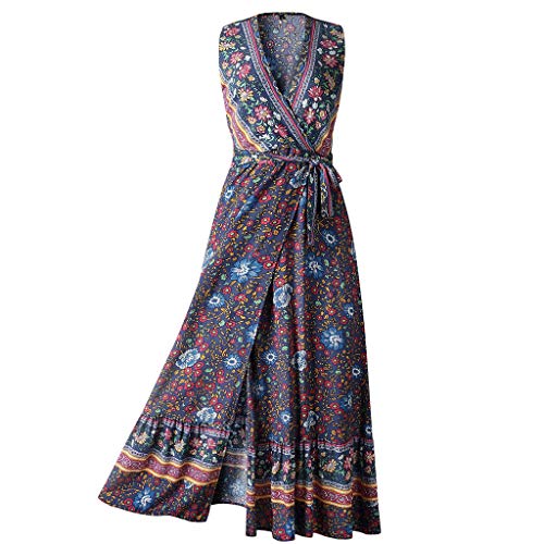 TOTOD Dress for Women Elegant Floral Print Long Dresses Sleeveless V-Neck Loose Party Maxi Sundress Navy
