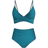 Amy Babe Women's High Waisted Bikini Sets Push Up Twist Front Spaghetti Straps Ruched Two Piece Swimsuit Bathing Suit