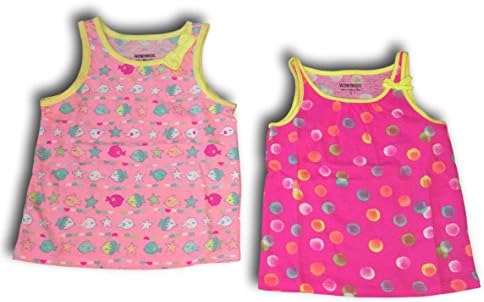 WonderKids Girls Set of 2 Summer Bright Colored Tank Tops & Ruffle Tank Tops (Pink Starfish & Hot Pink Polka Dot Tank Top, 5T)