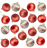24-Pack Christmas Tree Ornaments - Red Shatterproof Medium Christmas Balls Decoration, Assorted 3-Finish Matte, Glitter, Multicolor Glitter Stripes, Hanging Plastic Bauble Holiday Decor, 2.4 Inches