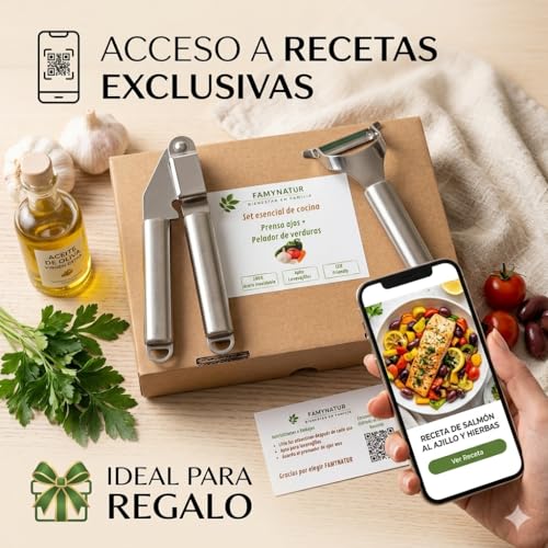 Professional Garlic Press + Vegetable Peeler – Garlic Chopper + Potato Peeler – Effortlessly Crushes in Seconds – Stainless Steel – Easy Cleaning, Dishwasher – Quick Cooking Kit Recipe QR