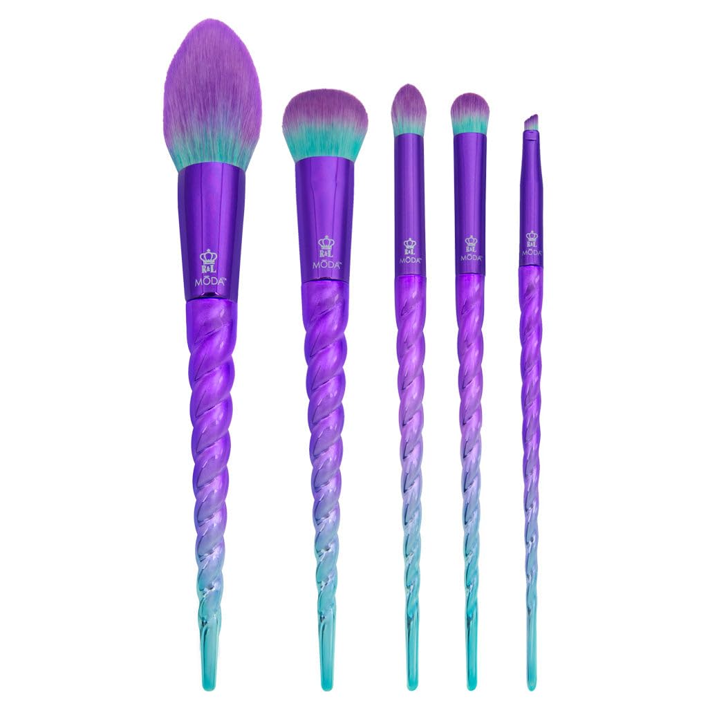 MODA Royal & Langnickel Full Size Mythical Wild 5pc Makeup Brush Set, Includes - Blush, Complexion, Domed Shadow, Crease, and Angle Eyeliner Brushes, Purple-Teal