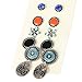 Vintage Ethnic 6 pairs/set Blue Crystal Red Flower Resin Round Hollow Enamel Stud Earirngs (Silver)