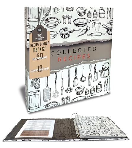 Better Kitchen Products Classeur à recettes standard à 3 anneaux avec 50 protège-pages et 12 onglets de séparation de catégories, 29,2 x 30,5 cm