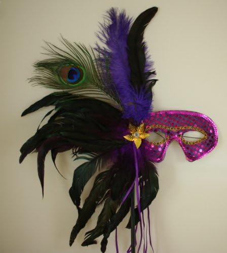 Mardi Gras Masquerade Feather Costume Stick Mask or Table Centerpiece Decoration (PURPLE)