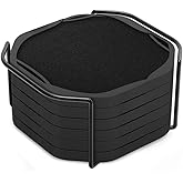 UMIRRO Absorbent Coasters for Drinks with Holder, Black Silicone Cup Coaster with Felt Insert for Coffee Table Decor, Small Unique Birthday Gift Ideas for Men, Dad, Him, Women Mom, Her, 4", Set of 6