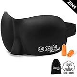 Sleep Mask for Women and Men 100% 3D Cotton Sleeping Eye Mask Contoured Adjustable Strap, Earplugs and Velvet Bag, Block Light, Smooth Mask for Nap, Travel And night Sleeping - Black