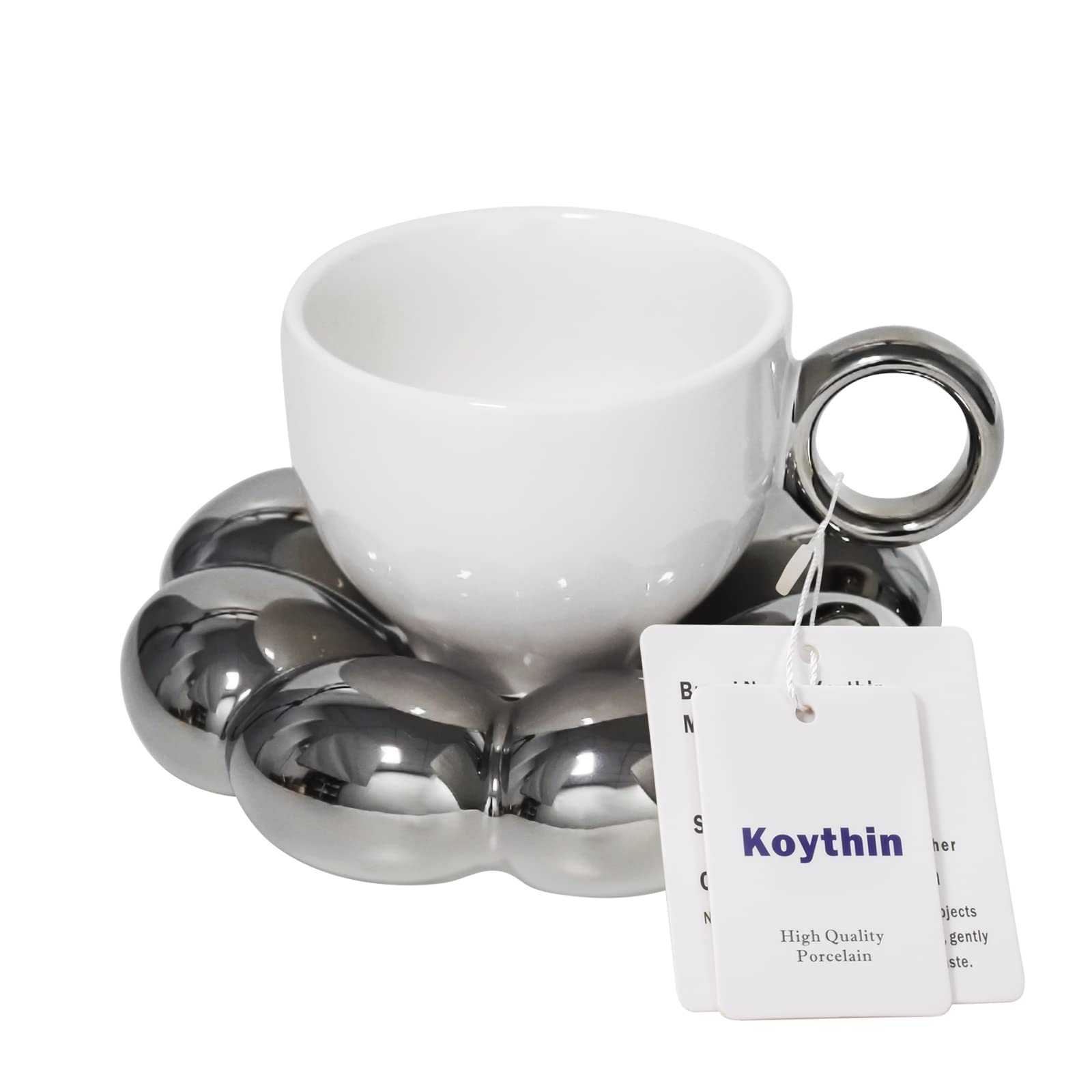 Koythin Ceramic Coffee Mug with Saucer Set, Creative Cute Cup with Sunflower Coaster for Office and Home, 6.5 oz/200 ml for Tea Latte Milk (Electroplating White and Silver)