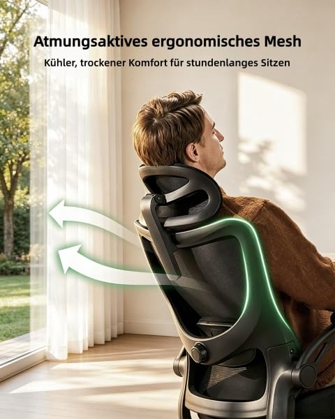 Marsail Bürostuhl Ergonomisch Schreibtischstuhl hat Verstellbarer Lordosenstütze Kopfstütze und Armlehne Höhenverstellung und Wippfunktion, Schwarz 3