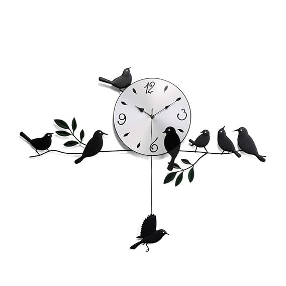 FONGFONG 3D DIY Groß Lautlos Eisen Wanduhr Pendel mit Schwingendem Vogel Unten Moderne Zahlen Uhr in Schwarz für die Wohnzimm