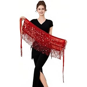 Belly Dance Skirt Chiffon Hip Scarf Belt with Sequins Chain Tassels, 211 cm Waist Wrap for Latin Hula Performance