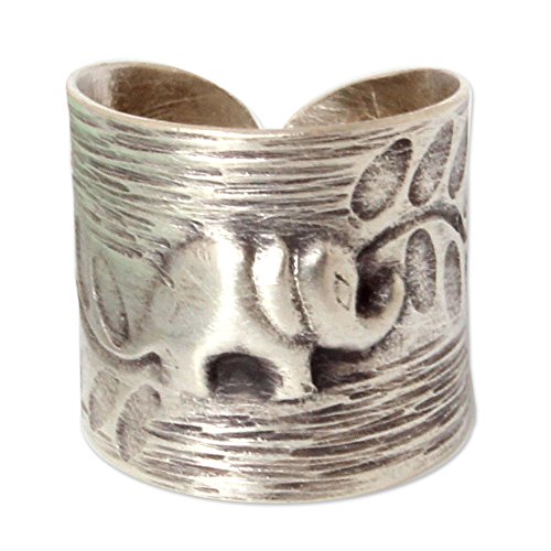 NOVICAArtisan Handmade Sterling Silver Wrap Ring Fair Trade Elephant Theme No Stone Thailand Aluminum Gray Glacier Grey Animal Themed [ring Front 0.7 in W Band Width 4 mm W] 'Thai Forest Elephant'