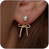Pearl Bow Earrings for Women, Trendy Gold Bowknot Stud Earrings, Cute Dangle Drop Jewelry, Wedding, Party, Daily Accessories, Coquette Gifts for Women