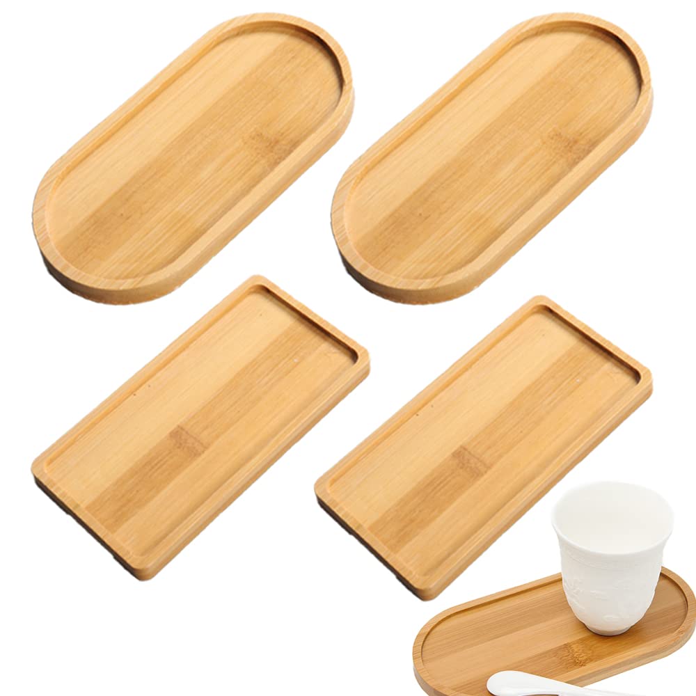 Rebanky 4 Pcs Bamboo Tray Rectangular Oval Wooden Tray Small Solid Bamboo Tea Serving Bamboo Plant Saucer Flower Plant Succulent for Coaster,Tea,Coffee,Cake,Snack