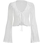 GORGLITTER Women's Bell Sleeve Tie Front Y2K Tops Classy Cute Sheer Going Out Gothic Concert Mesh Long Sleeve Crop Tops
