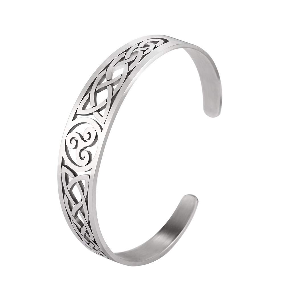 TEAMER Celtic Knot Bracelet Stainless Steel Silver Cuff Bangle Hollow Out Vintage Symbol Norse Amulet Jewelry for Women Men