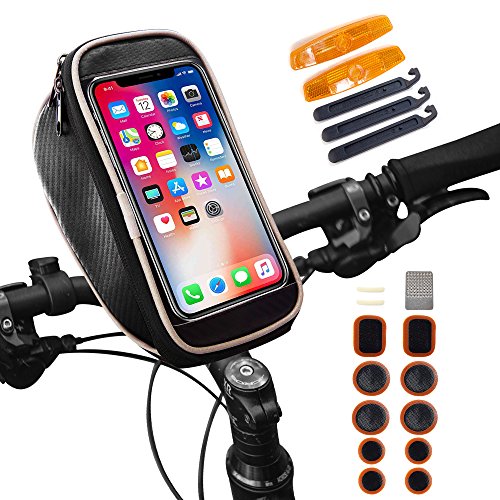 Waterproof Bike Bag, Smartphone Bicycle Bag, Bike Handlebar Bag, Road & Mountain Bike Pouch for iPhone X 8 7 6/Samsung Galaxy S7 S8 S9 Plus | Gifts: Safety Reflectors & Tire Repair Kit
