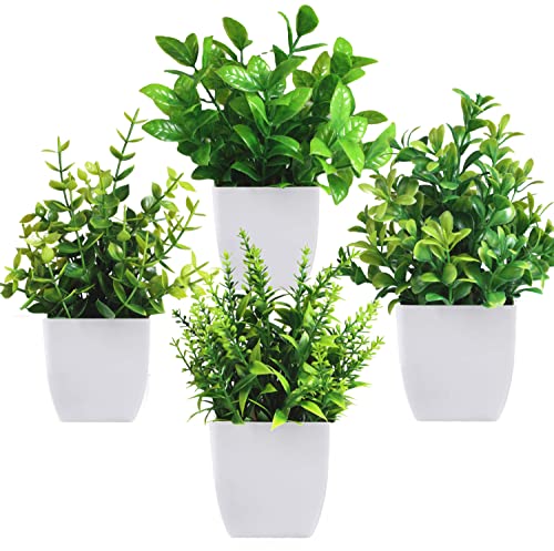 Roqueen 4 Pezzi Piante Artificiali Mini Verde Artificiali Piante in Vaso Plastica Piante Finta per Home Bagno Ufficio Tabella Decorazione