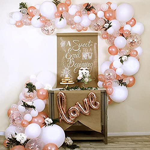Rose Gold Baby Shower Decorations Kit - Balloon Garland Arch, Fringe Curtain, Tablecloth & Cake Topper Set