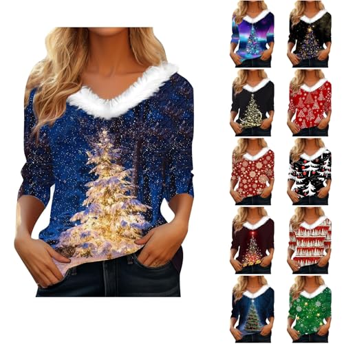 Angxiwan Ladies Long Sleeve Tops Christmas Sweatshirt for Women UK Oversized Plush Fleece Lined Pullover Sparkly Santa Tree Print Jumper Casual 3/4 Red Hoodie Women Women'S Jackets