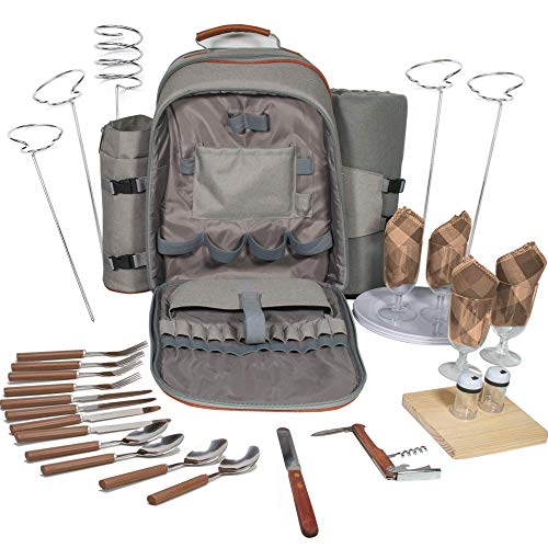 Picnic Backpack Set for 2 to 4 with Blanket, Wine Stand & Glasses, Cutlery, Dinnerware, Detachable Insulated Waterproof Compartment Pouch in The Cooler, Picnic Basket for Family by Frux Home & Yard