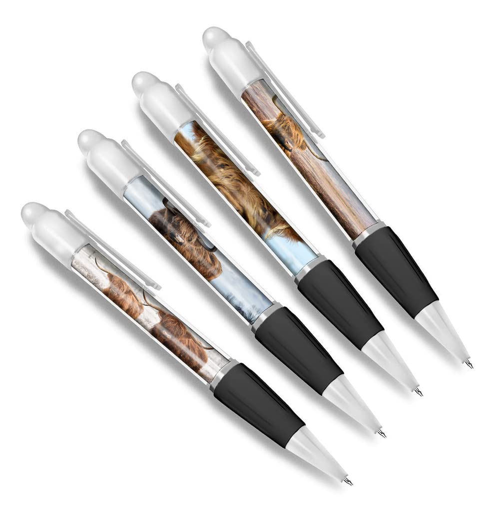 DV DESIGN Set of 4 Highland Cow White Ballpoint Pens - Animal Cows Cattle Farmer Wild Themed Boys Girls Men Women Pen #79622