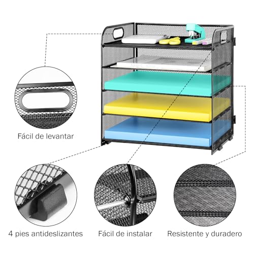 KIROGILY Bandeja Organizadora Papel de 5 Niveles con asa, Organizador Archivos Escritorio de Malla, Organizador Clasificador Papel para Suministros Escolares Oficina