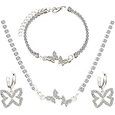 E EMZHOLE 3 Pieces Silver Butterfly Necklace Bracelet Dangle Earrings Set,Butterfly Pendant Necklace White Plated Jewelry Set with AAA Cubic Zirconia,Rhinestone Cuban Necklace Bling Charm Butterfly Hoop Earrings for Women