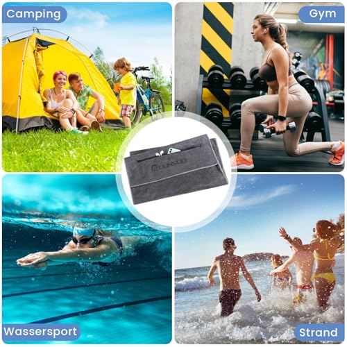 DUNSOO Fitness Towel, 120 x 50 cm, Microfibre Sports Towel with Zip Pocket for Gym and Training, Gym Towel (Dark Grey)