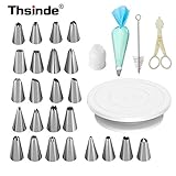 Thsinde 29 Pcs Cake Decorating Supplies Tip with Turncake Turntable Rotating Cake Stand and Stainless Steel Icing Tip and Cake Brush and Cutter