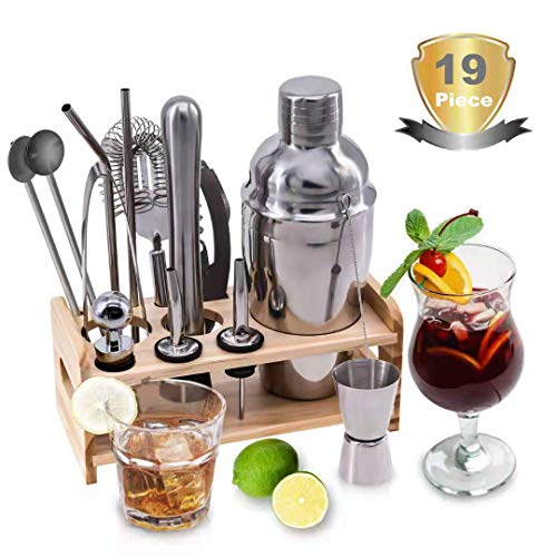 25oz Stainless Steel Cocktail Shaker Bar Set, Bartender Kit with Stand, Bar Tools Set, Martini Bar Mixer Set with Strainer - Cocktail Shaker with Recipes - 19 Piece Professional Bar Accessories