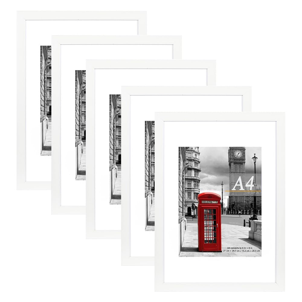 Scholar Tree White Picture Frame A4 with Mount,Set of 5,A4 Frame,Freestanding and Wall Mountable