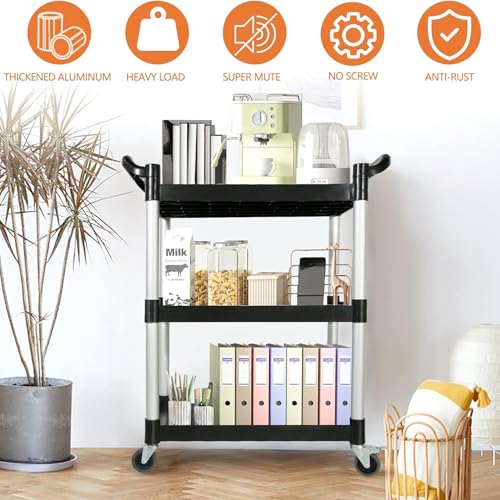 3-Tier Utility Carts with Wheels, Black Rolling Service Cart or Office Warehouse Garage Workshop Restaurant, 400lbs Capacity 80 * 42 * 96Cm