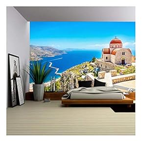 Amazing View on Remote Church with Red Roofing on The Cliff of The Sea, Greece - Removable Wall Mural | Self-Adhesive Large Wallpaper - 66x96 inches