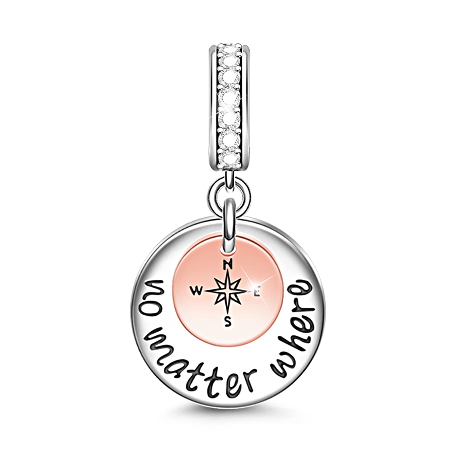 GNOCE Compass Charm Pendant 925 Sterling Silver NO Matter Where You Are,My Heart Is Always with You Charm Bead for Bracelet Necklace Best Gifts For Her