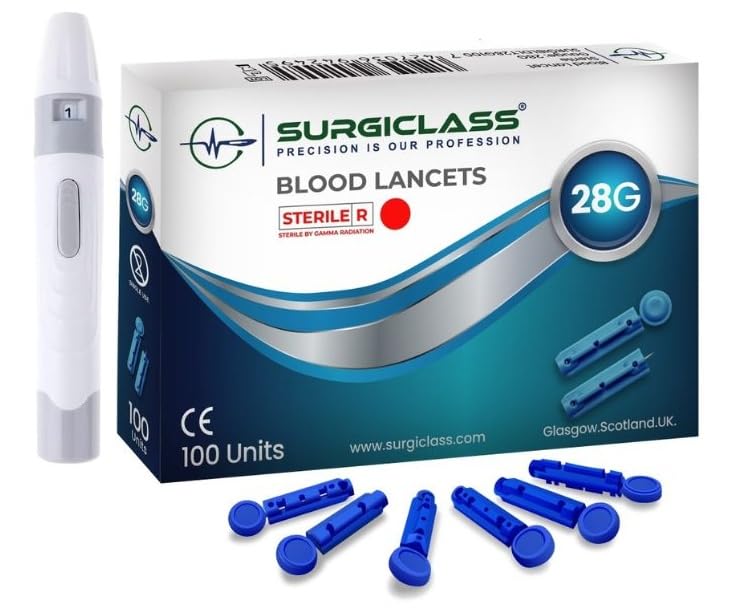 Surgiclass Blood Glucose lancets 28G for Diabetics Test Sterile Pack of 100 + Lancet Device BLD28G100+DE