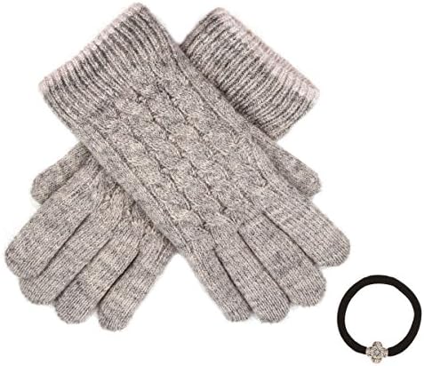 Womens Winter Premium Soft Warm Double Layer Faux Fur Lining Knitted Gloves with Hair Tie (Camel/line) One Size