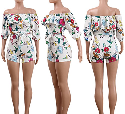 Deloreva Women Sexy One Piece Romper Outfits Pull Sleeve Floral Print Off Shoulder Short Jumpsuit Pants Set White M