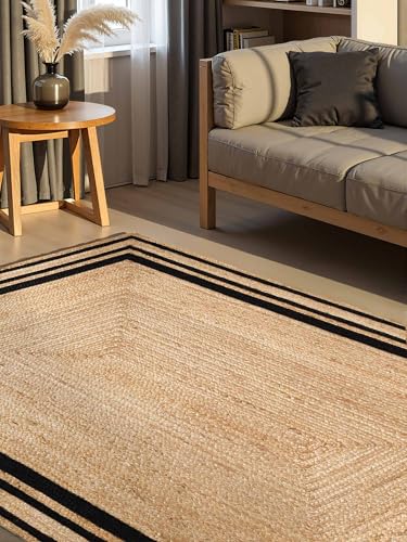 Hanse Home Looma - Jute Teppich, NatĂĽrlich & Handgemacht, Naturteppich Robust mit BordĂĽre, Boho Look Wohnzimmerteppich fĂĽr Wohnzimmer, Schlafzimmer, Esszimmer, Flur - Natur Gold Schwarz, 160x230 cm