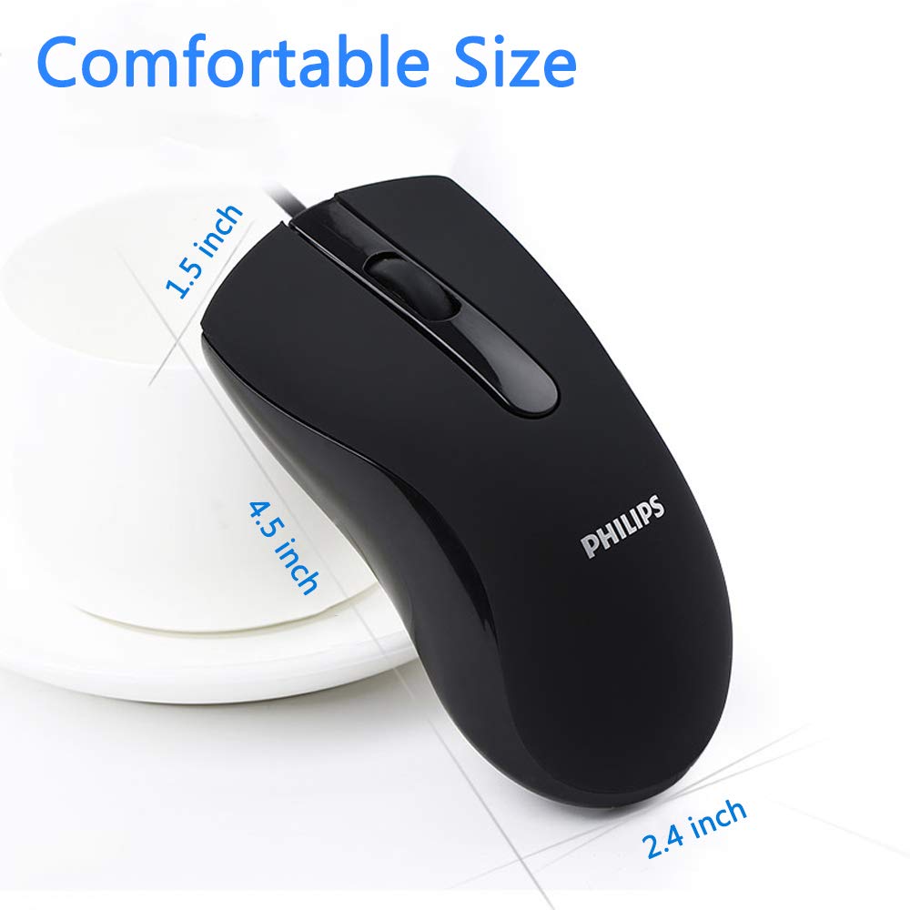 Philips USB Wired Mouse, Portable Optical Mice Silent Click Noiseless laptop Mice 1000 DPI for PC Laptop Notebook Mac - Black
