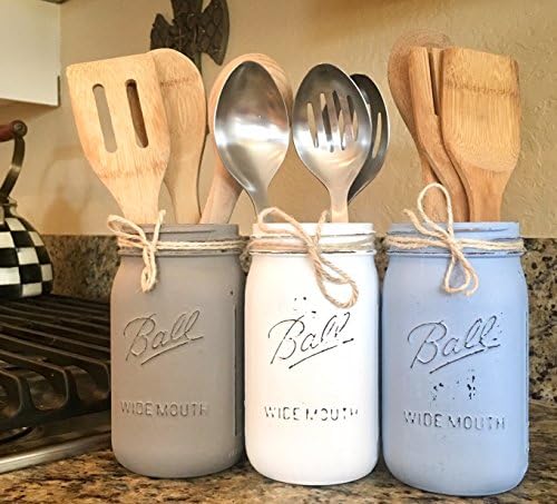 Mason Jar Kitchen Utensil Holder Set, Painted and Distressed Mason Jars, Your Choice of Jar Colors, 3 Piece Set