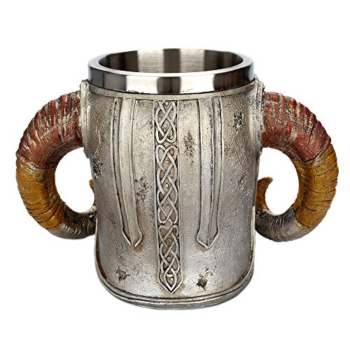 Resin Coffee Cup - Double Handle Horn Skull Beer Cup, Viking Warrior Skull Mug Tankard, Medieval Skull Drinkware Mug for Coffee/Beverage/Juice (Multicolor)