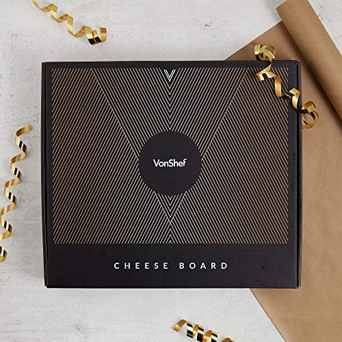 VonShef Bamboo Cheese Board Server Plate with Integrated Wire Cutter and 4 Piece Stainless Steel Cheese Knife Serving Utensil Set, wooden, with Gift Box