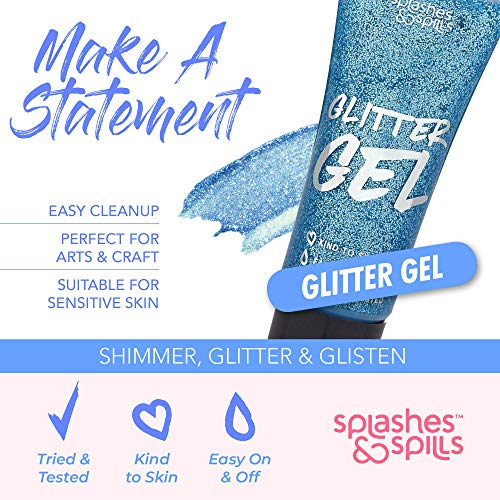 Body Glitter Paint Gel - 7 Color Costume Set for Women, Girls - 10 ml Tubes Holographic Shimmer Effect for Hair, Body, Face - Great for Festival, Costume Party, Halloween - by Splashes and Spills - Thumbnail 2